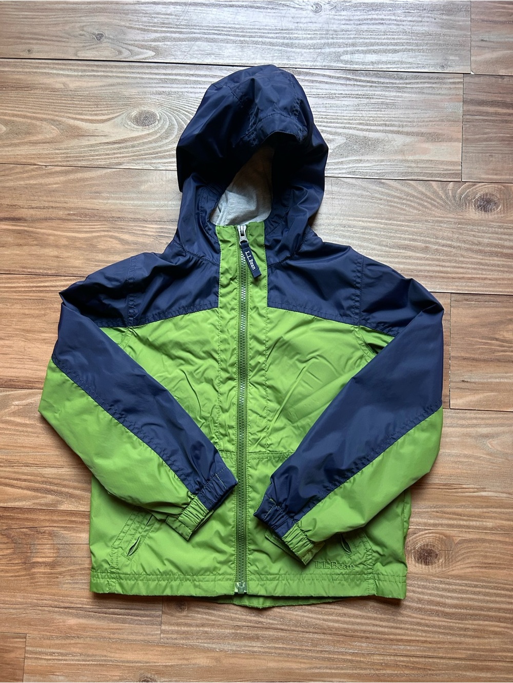 L.L. Bean Green and Navy Hooded Kids Rain Jacket